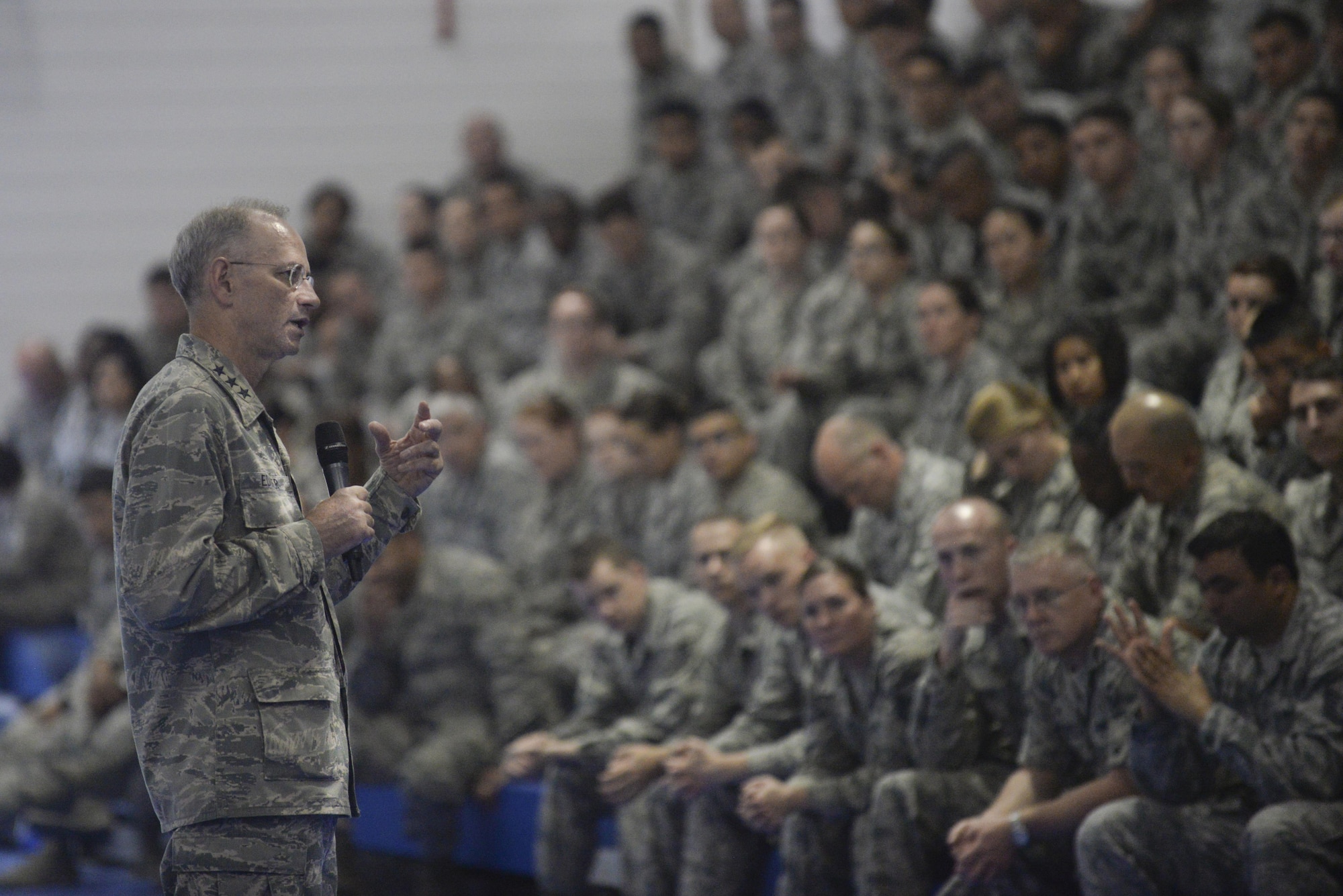 U.S. Air Force Lt. Gen Mark A. Ediger, Surgeon General of the Air Force, speaks to members of the 48th Medical Group during an all-call at Royal Air Force Lakenheath, England, July 25. Ediger held the all-call to express the importance of the medical mission and to encourage Airmen to ask questions about upcoming changes to their career field. (U.S. Air Force Photo by Airman Eli Chevalier)