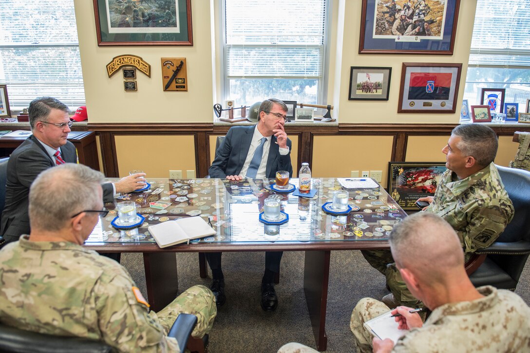 Defense Secretary of Defense Ash Carter speaks with Army Lt. Gen. Stephen Townsend, XVIII Airborne Corps commanding general, during a visit to Fort Bragg, N.C., July 27, 2016. DoD photo by Air Force Tech. Sgt. Brigitte N. Brantley