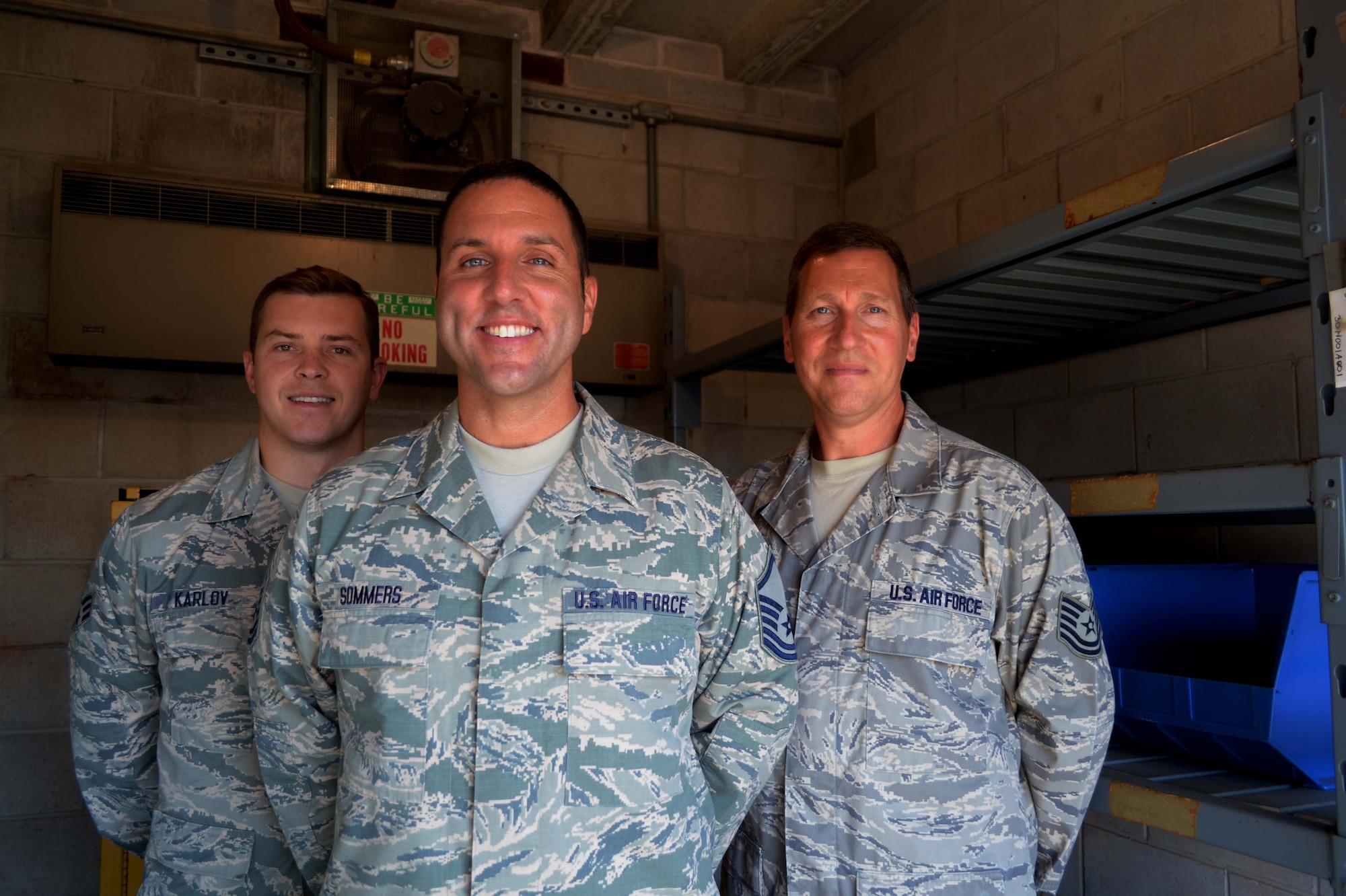 Senior Airman Igor Karlov, Master Sgt. Joe Sommers and Tech. Sgt. Robert Custer III, all from the 111th Logistics Readiness Squadron, stand in the totally empty Hazardous Material Pharmacy here at Horsham Air Guard Station, Pa., July 8, 2016. The Hazardous Material Pharmacy, referred to as the Hazmart or HazMat Pharmacy, is intended to provide an environmentally friendly way to handle, store, dispense, track, recycle and dispose of HazMat on an Air Force installation. (U.S. Air National Guard photo by Tech. Sgt. Andria Allmond)