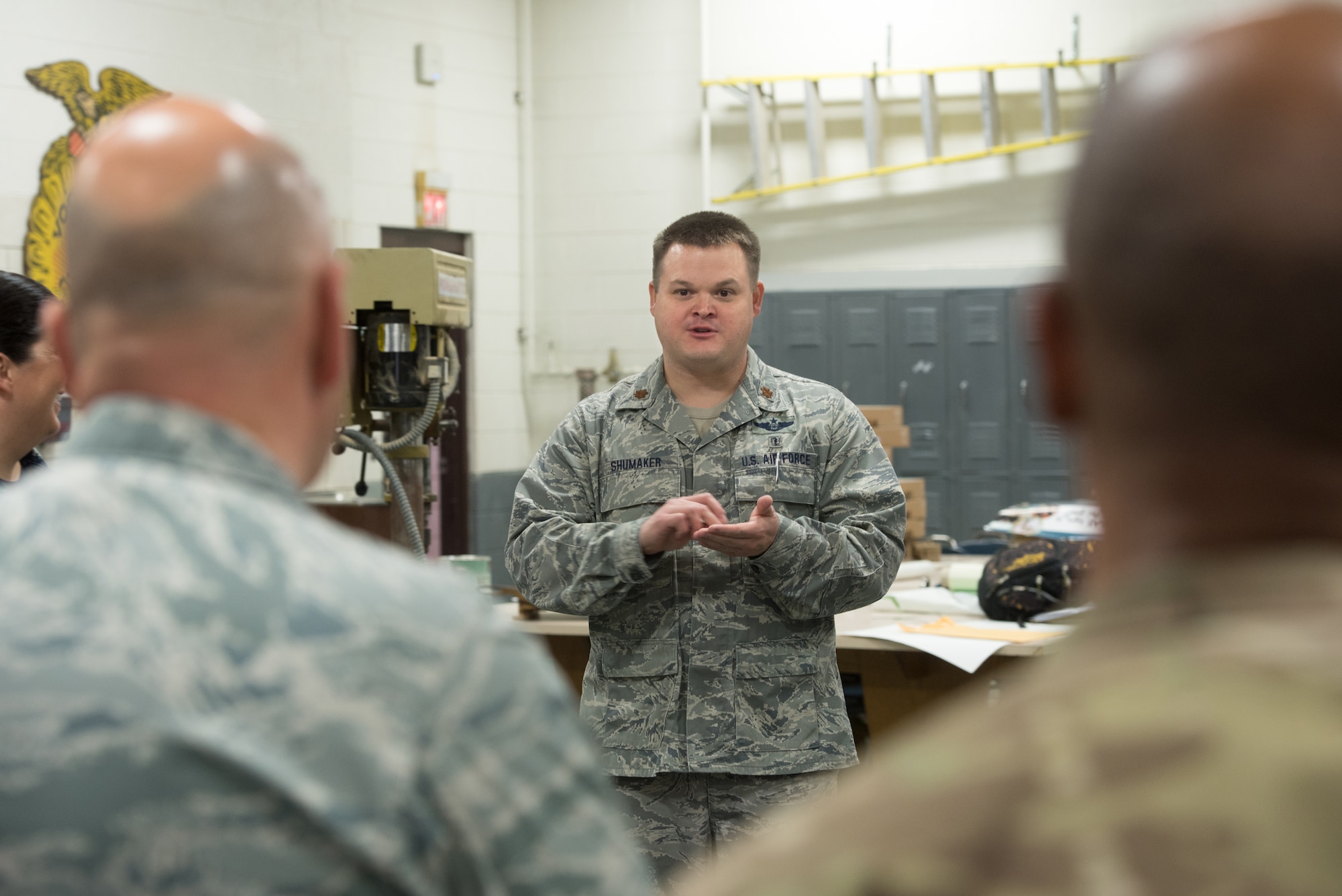 U.S. Air Force Maj. Geoffery Shumaker, bioenvironmental engineer from the Kentucky Air National Guard’s 123rd Medical Group, speaks to a group of distinguished visitors about Bluegrass Medical Innovative Readiness Training at Graves County High School in Mayfield, Ky., on July 23, 2016. The visitors include Kentucky government officials, servicemembers from the U.S. Air Force, U.S. Navy and U.S. Army, and representatives from the Delta Regional Authority. The Kentucky Air National Guard, U.S. Navy Reserve and other military units are teaming with the DRA to offer medical and dental care at no cost to residents in Mayfield and two other Western Kentucky locations from July 18 to 27 as part of the training event. (U.S. Air National Guard photo by Master Sgt. Phil Speck)