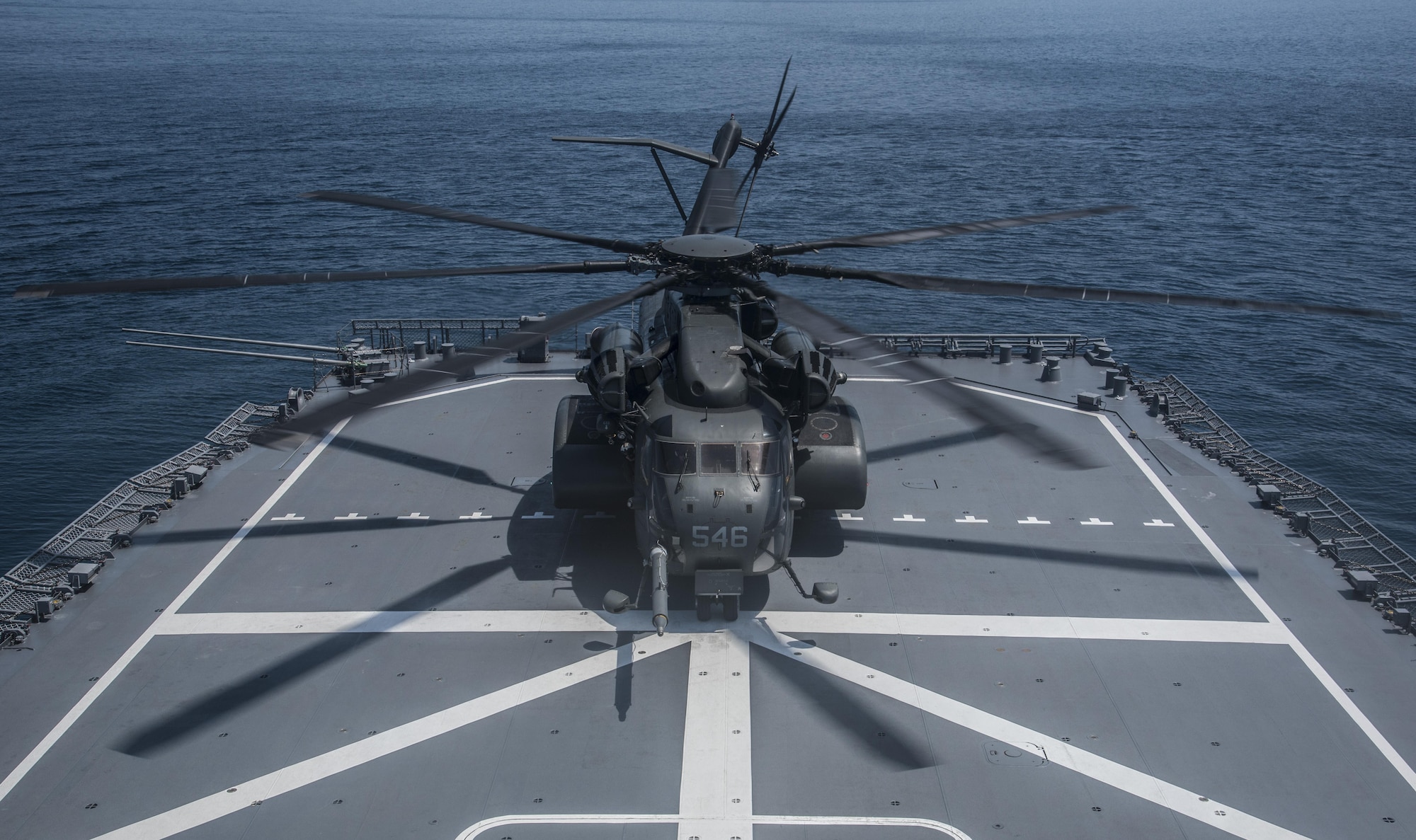 An MH-53E Sea Dragon lands on the JS Uraga while taking part in the 2016 Mine Countermeasures Exercise in Mutsu Bay, Japan, July 22, 2016. The Japan Maritime Self-Defense Force vessel’s crew teamed up with the U.S. Navy helicopter’s unit to train for the boat landing aspect of mine countermeasures. By improving response times and strengthening relations, the services aim to not only become more adept at their mission, but also to deter their enemy’s willingness to mine. (U.S. Air Force photo by Senior Airman Jordyn Fetter)