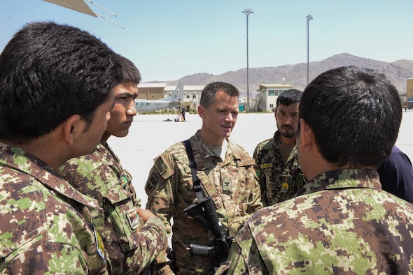 Col. Steven Ward, 438th Air Expeditionary Wing/Train, Advise, Assist Command-Air (TAC-Air) medical advisor, talks to members of the Afghan air force about how to configure a C-208 for patient transport during training at Hamid Karzai International Airport, Kabul, Afghanistan, July 27, 2016.He looked on as the AAF medics practiced removing seats and securing litters to the floor of the aircraft. TAAC-Air advisers work regularly with AAF members to conduct training so they can remain proficient in their respective skill sets. (U.S. Air Force photos by Tech. Sgt. Christopher Holmes)
