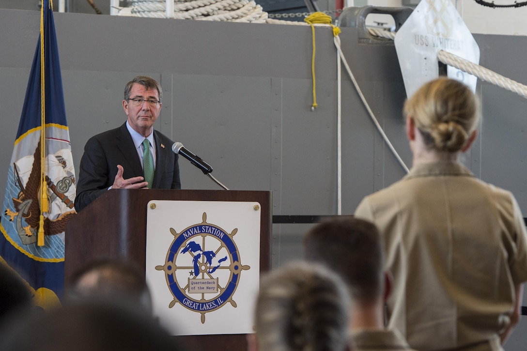 Defense Secretary Ash Carter speaks with troops during a visit to Naval Station Great Lakes in Chicago, July 28, 2016. DoD photo by Air Force Tech. Sgt. Brigitte N. Brantley