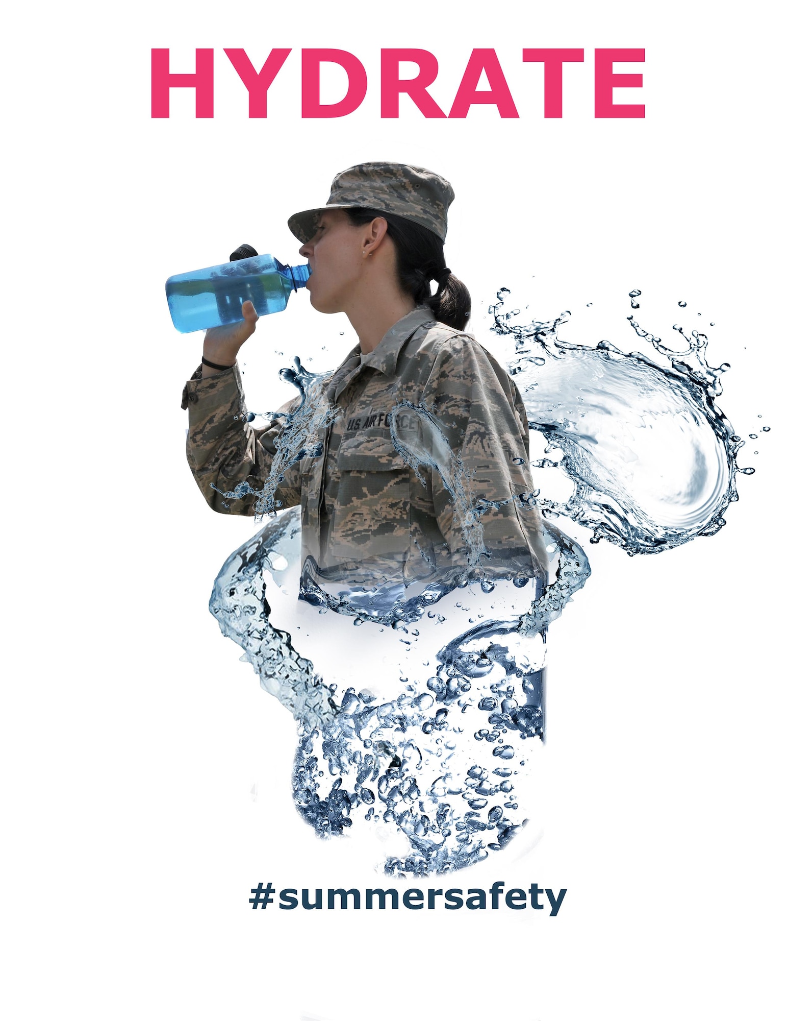 During the summer months remember to stay hydrated to replenish water lost and keep the body cool. Follow heat condition category charts to ensure the work and rest cycle is implemented to mitigate the risk of dehydration. (U.S. Air Force Illustration/Staff Sgt. Alexandre Montes)  
