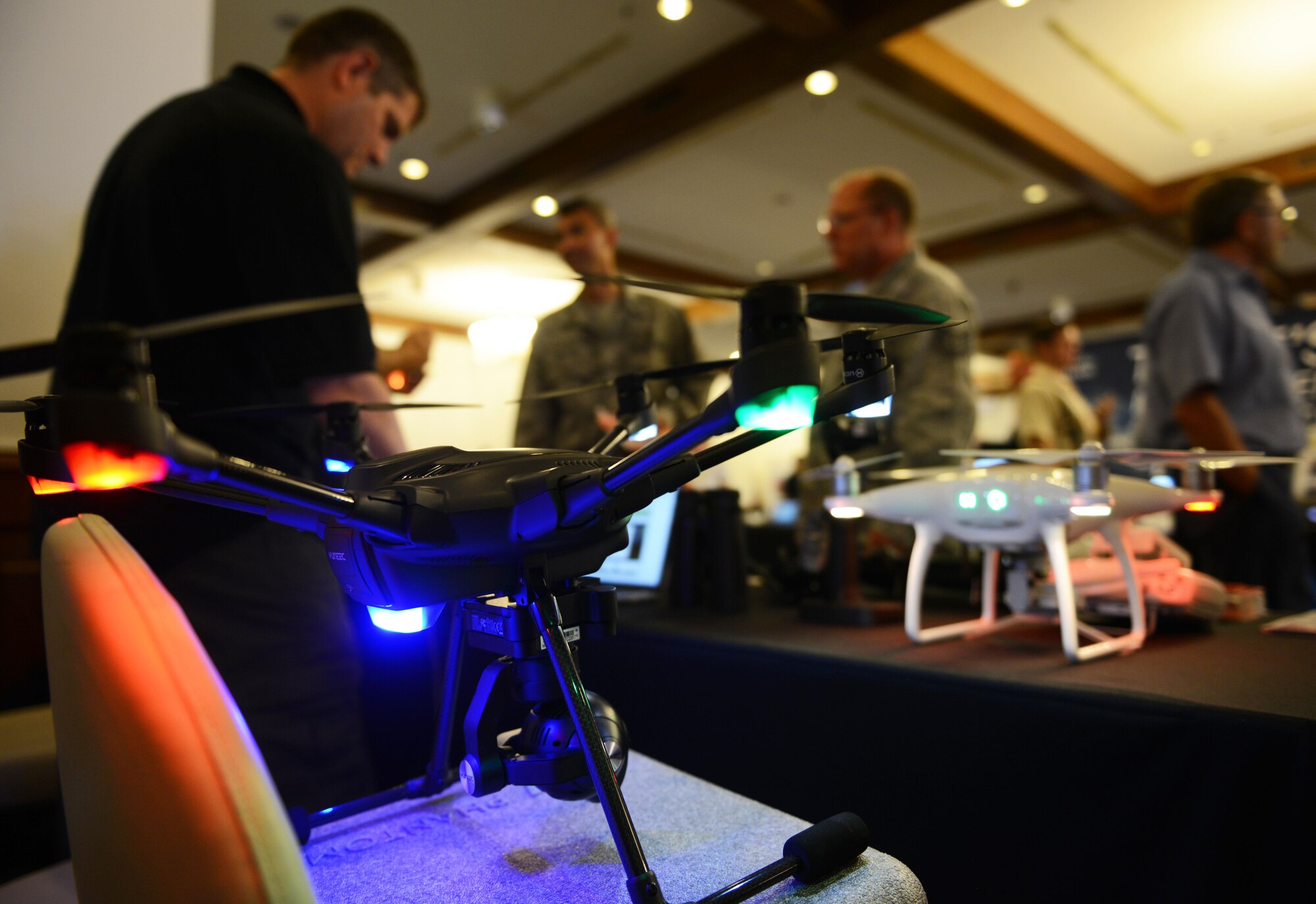 Drones used for photography and video are on display at Ramstein Air Base, Germany, July 19, 2016. The exhibit was part of the Ramstein Technology Exposition which took place at the Ramstein Officer’s Club. (U.S. Air Force photo/ Airman 1st Class Joshua Magbanua)