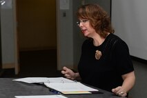 Rebecca Bryant, a Faculty Development instructor at Sheppard Air Force Base, Texas, gives a lecture about training development, July 28, 2016. Bryant had six students attend this course and gave them the knowledge of what was required to develop a training course. (U.S. Air Force photo by Senior Airman Kyle E. Gese/Released)