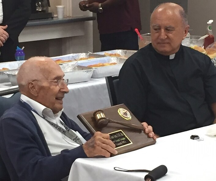 Retired Chief Master Sgt. Ginio Conti, local veteran, celebrates his 96th birthday with Team BLAZE members and the local Knights of Columbus July 24 at Columbus Air Force Base, Mississippi. Conti was also recognized for his outstanding service to the community. (Courtesy Photo)