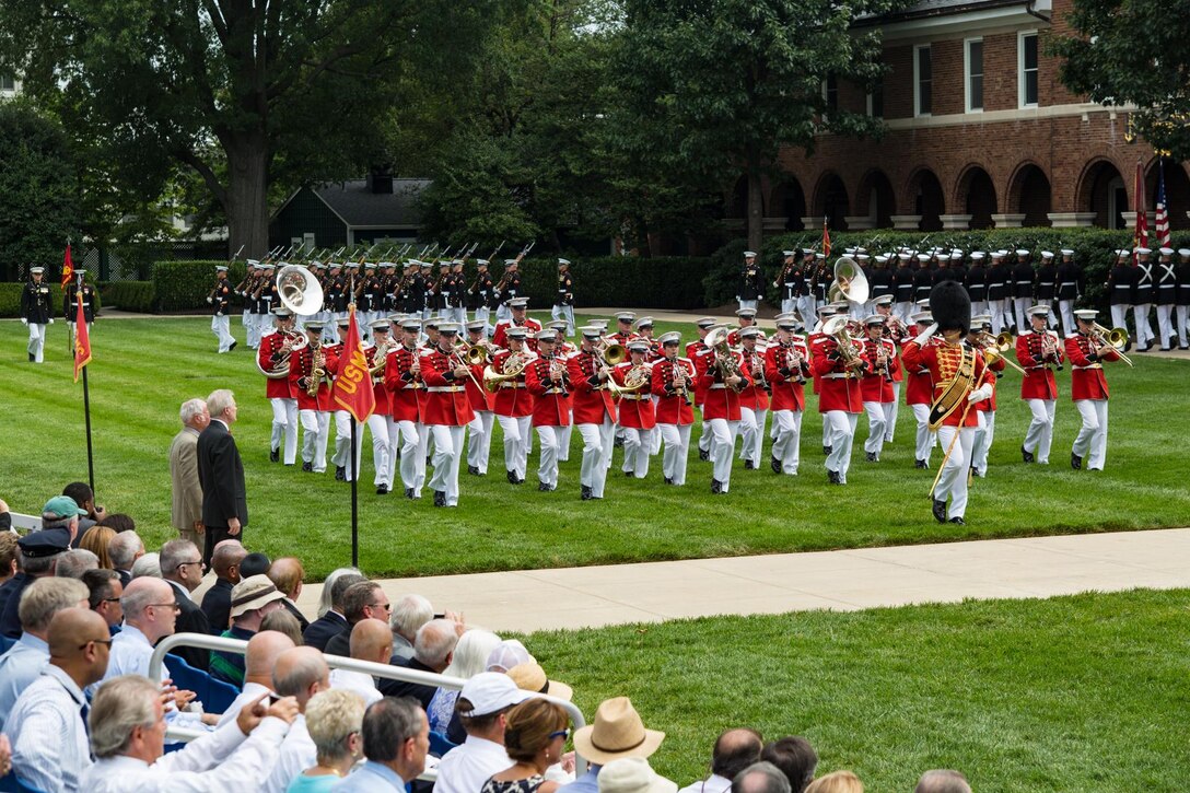 The U.S. Marine Band performed during a ship naming ceremony in honor of Medal of Honor recipient Col. Harvey C. Barnum Jr. on July 28, 2016, at Marine Barracks Washington D.C. (U.S. Marine Corps photo by Staff Sgt. Brian Rust/released.)
