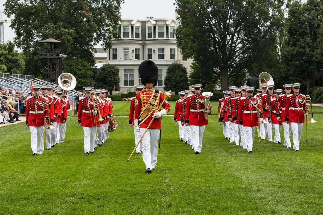 The U.S. Marine Band performed during a ship naming ceremony in honor of Medal of Honor recipient Col. Harvey C. Barnum Jr. on July 28, 2016, at Marine Barracks Washington D.C. (U.S. Marine Corps photo by Staff Sgt. Brian Rust/released.)