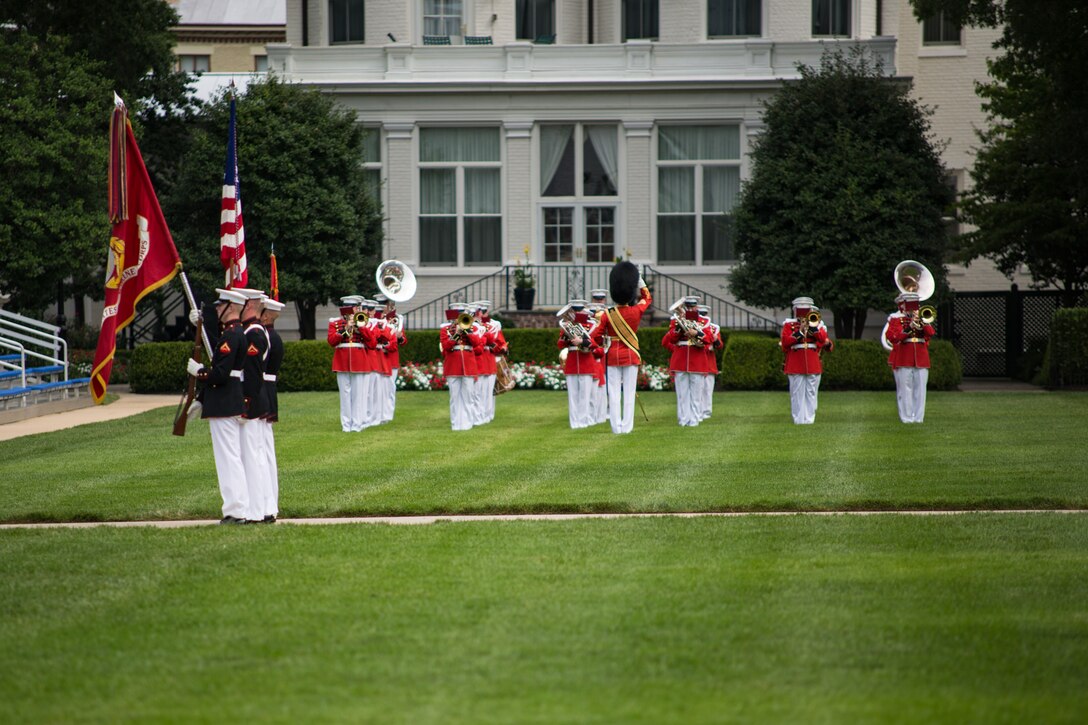 The U.S. Marine Band performed during a ship naming ceremony in honor of Medal of Honor recipient Col. Harvey C. Barnum Jr. on July 28, 2016, at Marine Barracks Washington D.C. (U.S. Marine Corps photo by Staff Sgt. Brian Rust/released.)