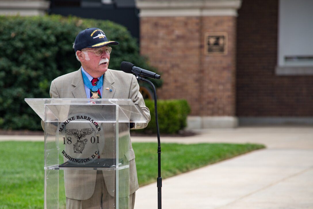 The U.S. Marine Band performed during a ship naming ceremony in honor of Medal of Honor recipient Col. Harvey C. Barnum Jr. on July 28, 2016, at Marine Barracks Washington D.C. (U.S. Marine Corps photo by Staff Sgt. Brian Rust/released.)