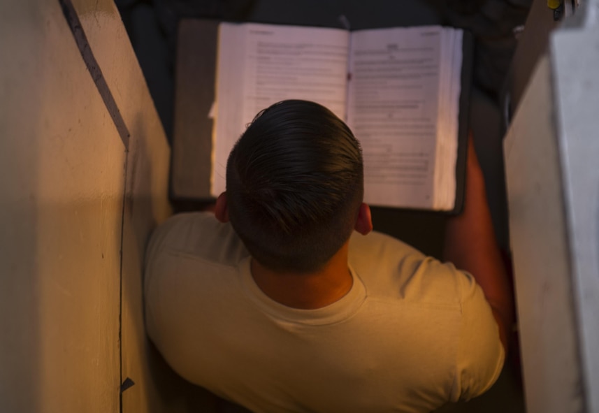 Airman 1st Class Francisco Mata II, 91st Missile Maintenance Squadron electromechanical technician, reads technical orders during training at Minot Air Force Base, N.D., July 27, 2016. The EMT flight trains often on the secondary door combination locks to maintain security of the launch facilities. (U.S. Air Force photo/Airman 1st Class Christian Sullivan)