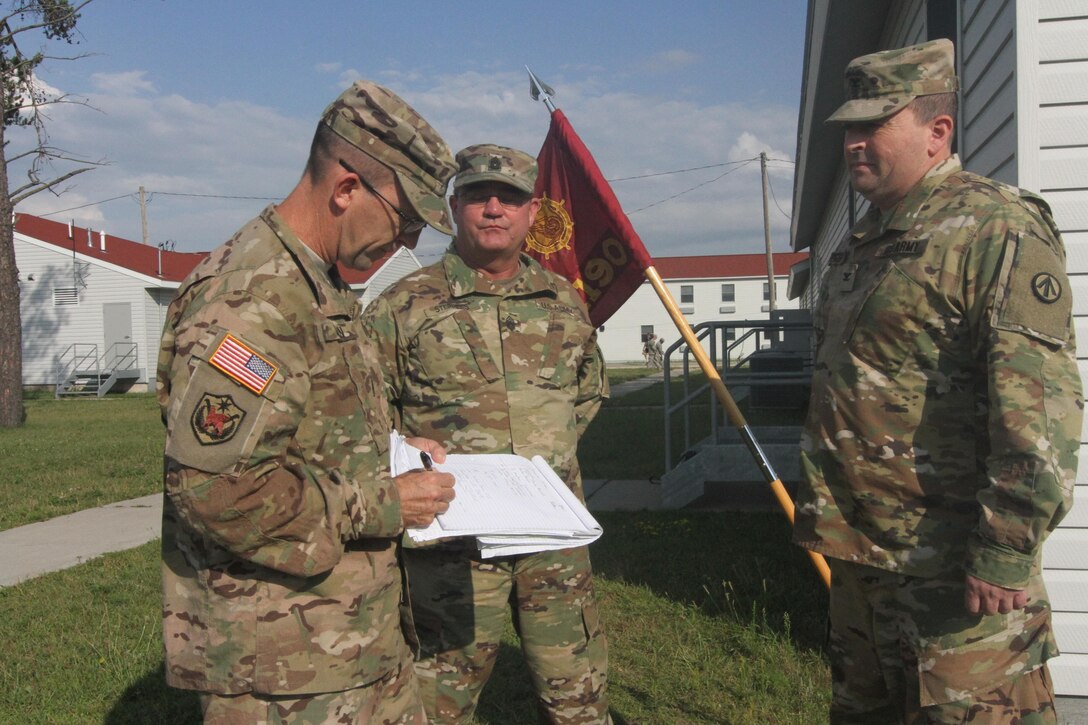 Supplying the warfighter with strategic deployment capabilities.
1st Sgt. Timothy Lawn, (left), of the 205th Press Camp Headquarters interviews Command Sgt. Maj. Herlon Stephens (center) and Col. Kenneth Fetzer of the 1190th Transportation Brigade. Fetzer is the commander of exercise TRANS WARRIOR 2016. The exercise lasted from July 9 to July 23, 2016 and provided the troops an opportunity to train on fundamental Soldier skills. (U.S.  Army Reserve photo)