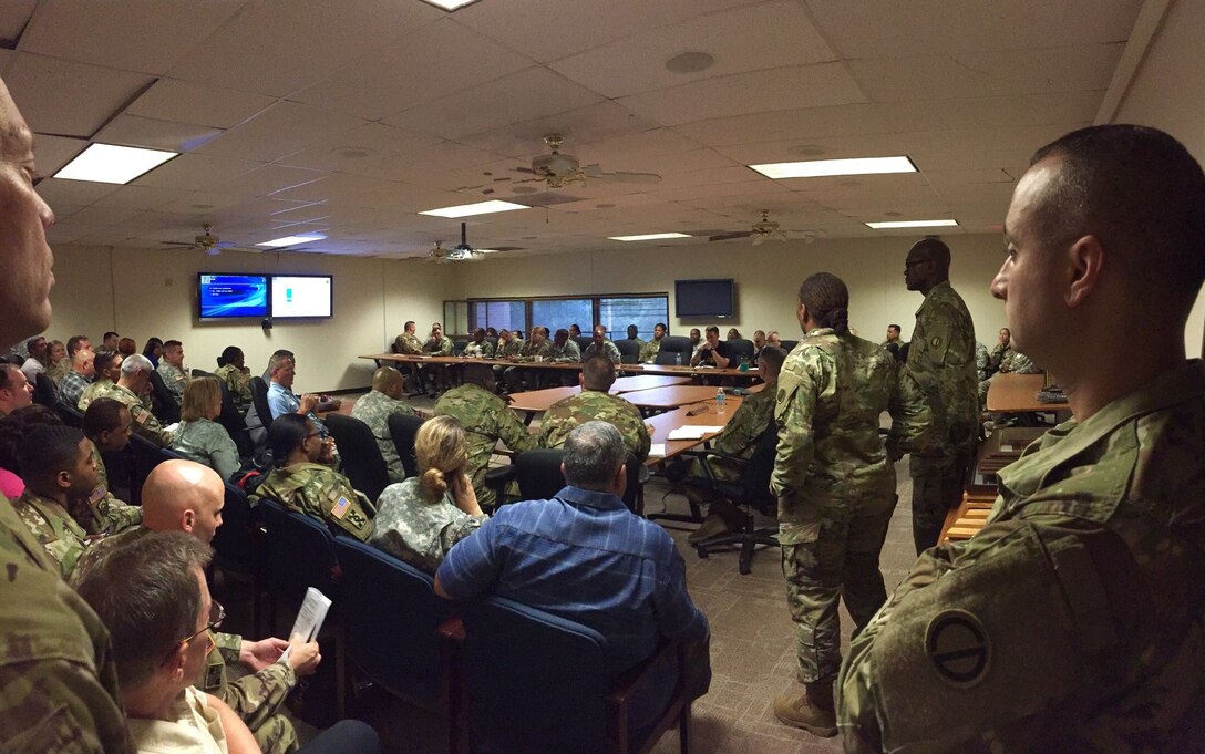 First Army and the 85th Support Command Organizational Inspection Program teams conduct an out brief to the 120th Infantry Brigade commander after an four-day OIP inspection, July 28, 2016, at Fort Hood, Texas. Soldiers from First Army and the 85th SPT CMD partnered to support the OIP providing assistance to 120th INF BDE in day-to-day operations that enhance soldier readiness.
(Photo by Sgt. First Class Anthony L. Taylor)