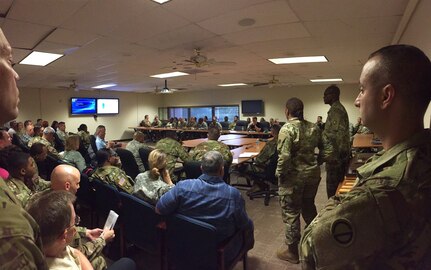 First Army and the 85th Support Command Organizational Inspection Program teams conduct an out brief to the 120th Infantry Brigade commander after an four-day OIP inspection, July 28, 2016, at Fort Hood, Texas. Soldiers from First Army and the 85th SPT CMD partnered to support the OIP providing assistance to 120th INF BDE in day-to-day operations that enhance soldier readiness.
(Photo by Sgt. First Class Anthony L. Taylor)