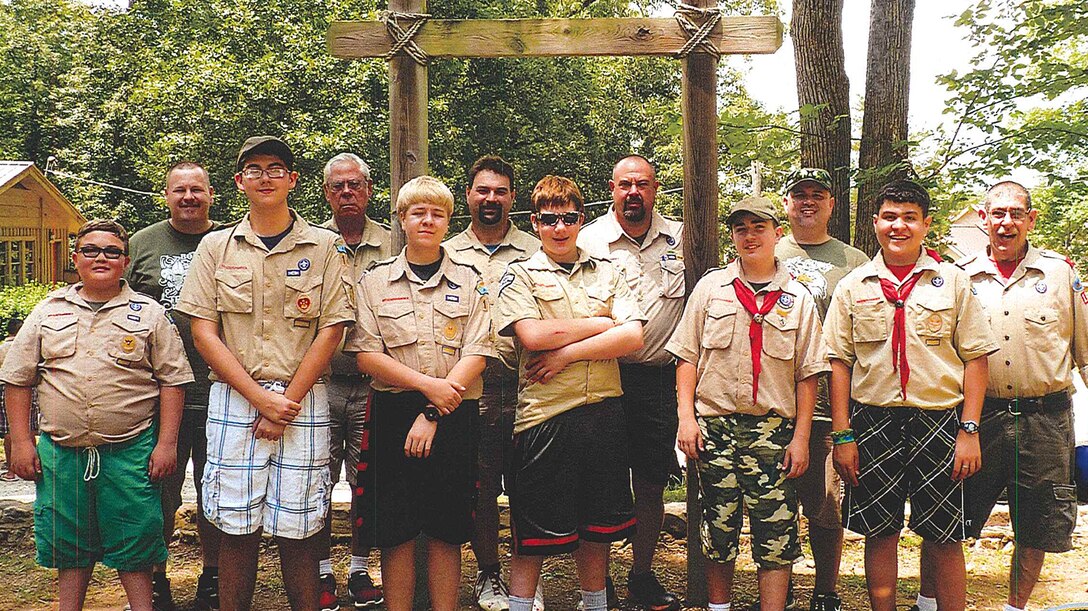 Boy Scouts Troop 149 leaders and scouts pose for a group photo June 26, 2016 while camping at Kia Kima Scout Reservation in Hardy, Ark.  Scouts on the trip were Dustin Blanton, Andrew Brock, Jonuthin Howland, James Long, Jacob Owens, and Damian Vance.  Leaders included Jonathan Blanton, Brian Brock, Greg Owens, Dave Robinson, Jim Robinson and David Vance.