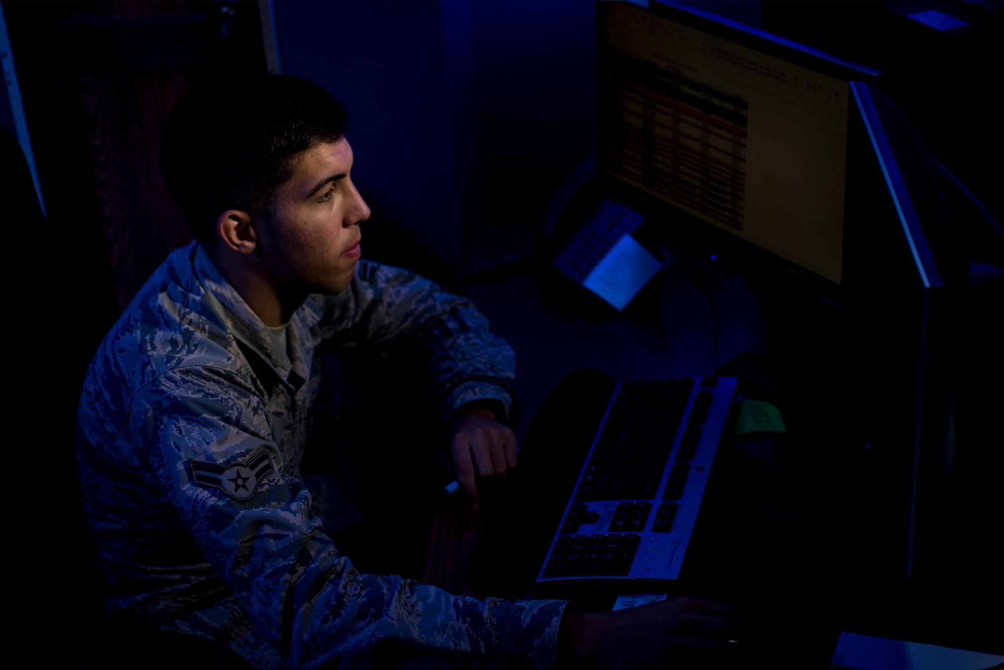 U.S. Air Force Airman 1st Class Kyle Adams, 23d Maintenance Operations Flight scheduler, compares maintenance requirements to base operations requirements to create a working schedule for aircraft, July 25, 2016, at Moody Air Force Base, Ga. Schedulers take the needs and availability of several different sections into consideration to create a schedule of maintenance and launch times for each week, month, quarter and year. (U.S. Air Force photo by Airman Daniel Snider)