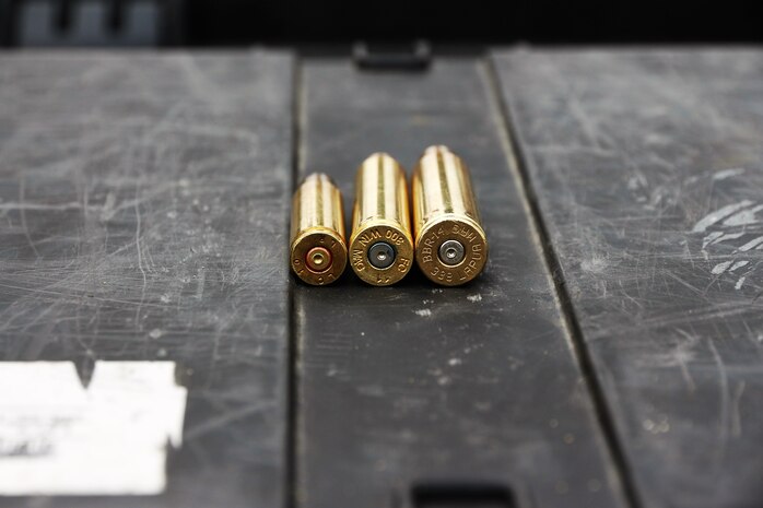 Marine Corps Systems Command’s Infantry Weapons Systems conducted a market research caliber study July 13, at Fort A.P. Hill, Va., to inform Marine Corps acquisition leaders about future Marine sniper weapon system requirements. During the study, IWS collected ballistic data on three different caliber bullets (from left)—the 7.62mm NATO, .300 Winchester Magnum,  and .338 Lapua Magnum—fired by Marine Corps snipers using different rifles at distances ranging from 900 to 1,500 meters to target. (U.S. Marine Corps photo by Ashley Calingo) 