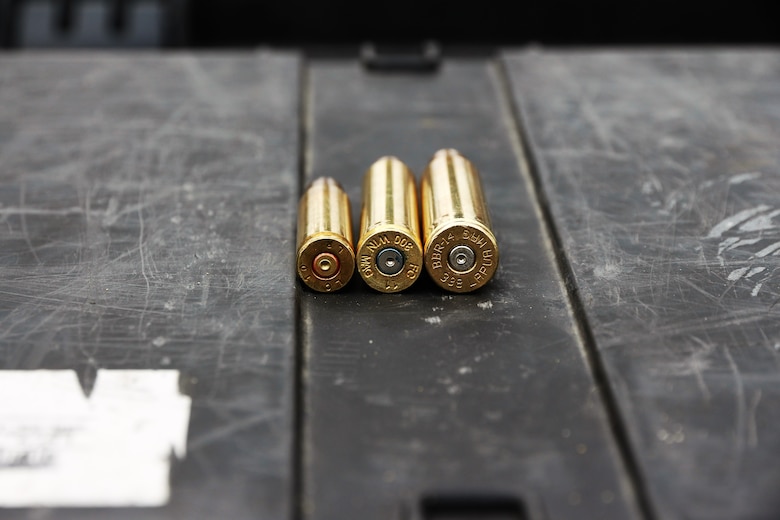 Marine Corps Systems Command’s Infantry Weapons Systems conducted a market research caliber study July 13, at Fort A.P. Hill, Va., to inform Marine Corps acquisition leaders about future Marine sniper weapon system requirements. During the study, IWS collected ballistic data on three different caliber bullets (from left)—the 7.62mm NATO, .300 Winchester Magnum,  and .338 Lapua Magnum—fired by Marine Corps snipers using different rifles at distances ranging from 900 to 1,500 meters to target. (U.S. Marine Corps photo by Ashley Calingo) 