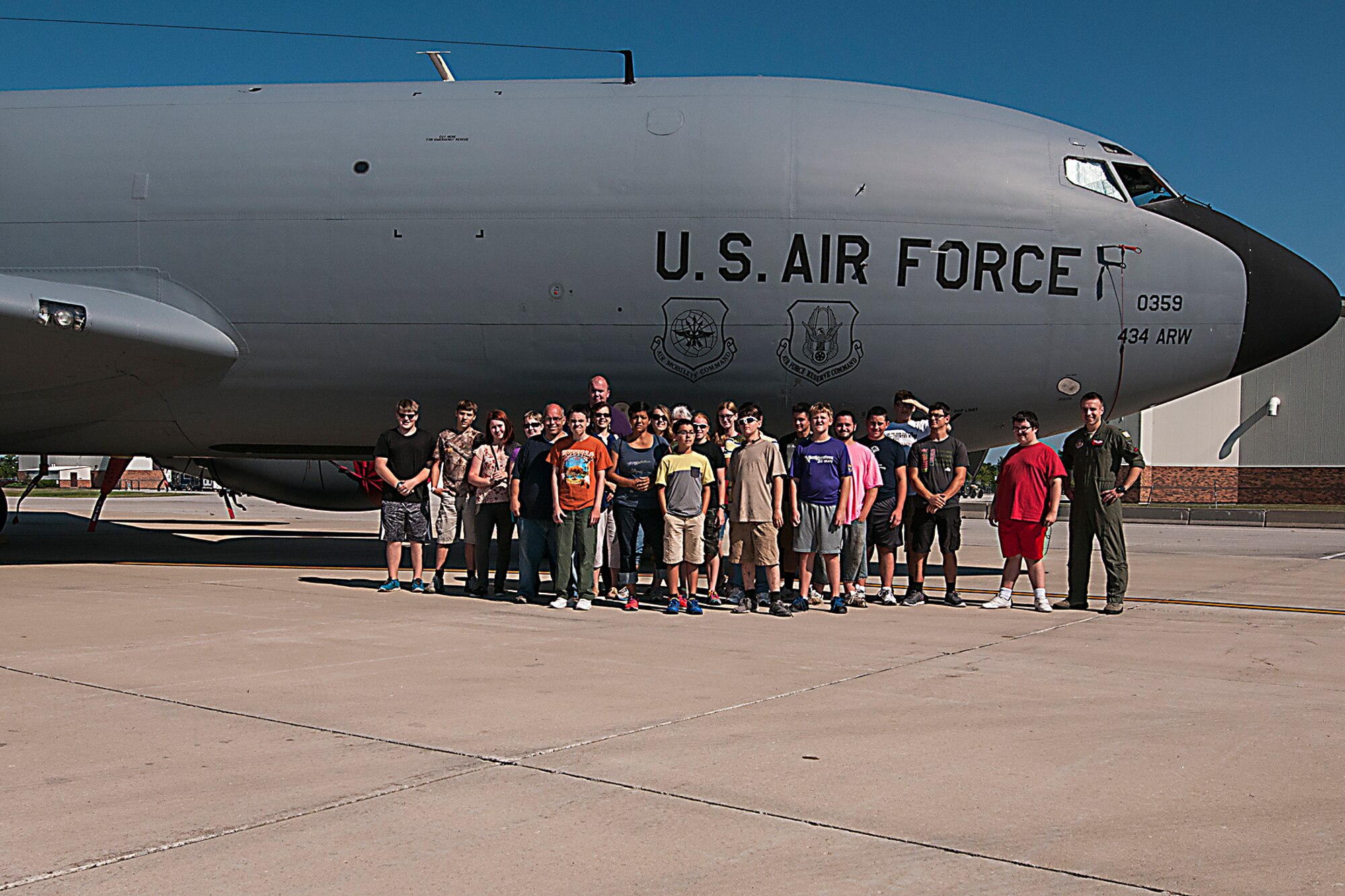 Scouts from the Marion and Kokomo troops pose in front of a KC-135R Stratotanker July 27, 2016 at Grissom Air Reserve Base, Ind. The scouts visited the fire department before being taken to the flightline where they were allowed to climb aboard the tanker. (U.S. Air Force photo/Senior Airman Dakota Bergl) 