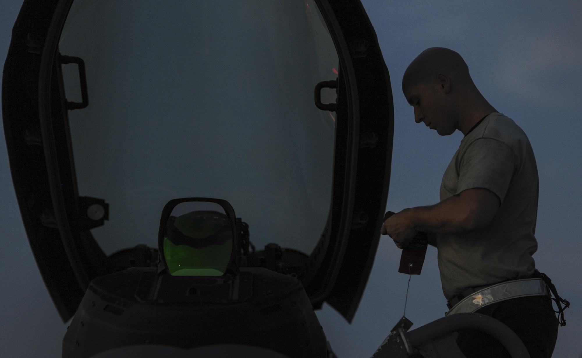 A maintainer, assigned to the 27th Fighter Squadron, Joint Base Langley-Eustis, Va., prepares the cockpit of an F-22A Raptor prior to take-off during Red Flag 16-3 at Nellis Air Force Base, Nev., July 25, 2016. Red Flag involves a variety of attack, fighter, bomber, reconnaissance, electronic warfare, airlift support, and search and rescue aircraft. (U.S. Air Force photo by Airman 1st Class Kevin Tanenbaum/Released)