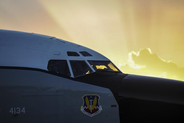 An RC-135 assigned to the 38th Reconnaissance Squadron Offutt Air Force Base, Neb., prepares for night operations during Red Flag 16-3 at Nellis Air Force Base, Nev., July 26, 2016. The air-to-air combat training exercise is conducted over the 2.9 million acre Nevada Test and Training Range. (U.S. Air Force photo by Airman 1st Class Kevin Tanenbaum/Released)