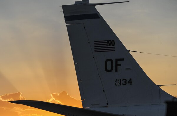 An RC-135 assigned to the 38th Reconnaissance Squadron Offutt Air Force Base, Neb., sits on the flightline before night operations during Red Flag 16-3 at Nellis Air Force Base, Nev., July 26, 2016. Red Flag involves a variety of attack, fighter, bomber, reconnaissance, electronic warfare, airlift support, and search and rescue aircraft. (U.S. Air Force photo by Airman 1st Class Kevin Tanenbaum/Released)
