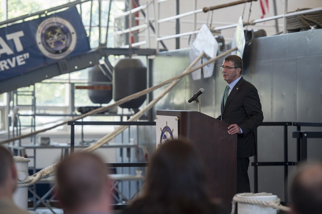 Defense Secretary Ash Carter speaks with troops during a visit to Naval Station Great Lakes in Illinois, July 28, 2016. DoD photo by Air Force Tech. Sgt. Brigitte N. Brantley