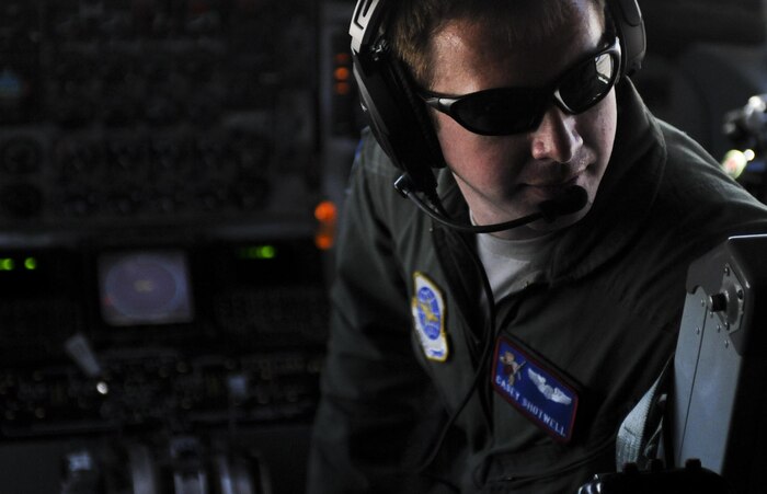 Capt. Casey Shotwell, 349th Air Refueling Squadron, McConnell Air Force Base, Kan., pilot, preforms pre-flight on a KC-135 Stratotanker during Red Flag 16-3 at Nellis Air Force Base, Nev., July 21, 2016. Red Flag provides a series of intense air-to-air scenarios for aircrew and ground personnel which will increase their combat readiness and effectiveness for future real world missions. (U.S. Air Force photo by Airman 1st Class Kevin Tanenbaum)