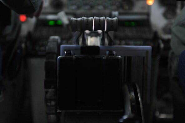 The engine throttle of a KC-135 Stratotanker sits while the aircrew prepares for take-off July 21, 2016 at Nellis Air Force Base, Nev. Red Flag provides an opportunity for aircrew and military aircraft to enhance their tactical operational skills alongside military aircraft from coalition forces. (U.S. Air Force photo by Airman 1st Class Kevin Tanenbaum/Released)