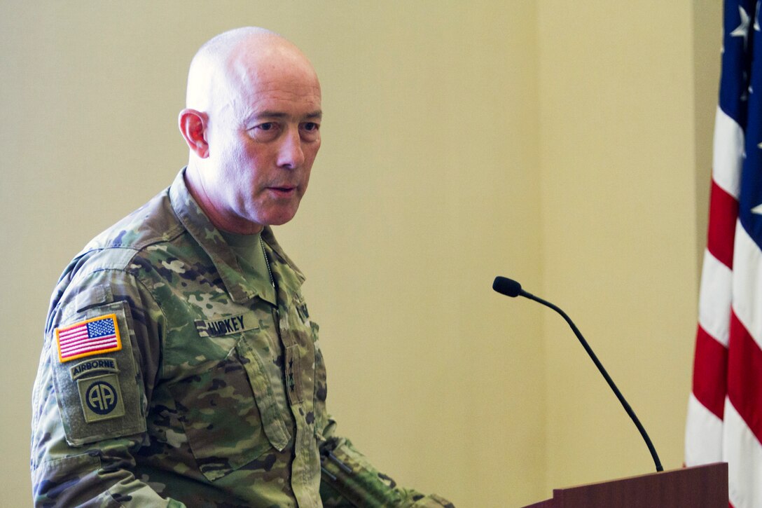 LTG Charles D. Luckey, Commanding General of U.S. Army Reserve Command, talks to military, civilian and community leaders during a welcome ceremony on July 28, 2017 at Fort Bragg's Marshall Hall, home to both U.S. Army Forces Command and USARC headquarters staff. The ceremony was hosted by Gen. Robert B. Abrams, Commanding General of FORSCOM. LTG Luckey was joined by his wife, Julie, at the ceremony, as well as past and present Fort Bragg senior leaders to include LTG Stephen Townsend, Commanding General of the XVIII Airborne Corps & Ft. Bragg and Gen. (Retired) Dan McNeill. LTG Luckey, the 33rd Chief of Army Reserve and 8th Commanding General, U.S. Army Reserve Command, was sworn in June 30, 2016 as the senior leader for nearly 200,000 Army Reserve Soldiers across all 50 states and U.S. territories. (U.S. Army Reserve photo by Master Sgt. Mark Bell / Released)