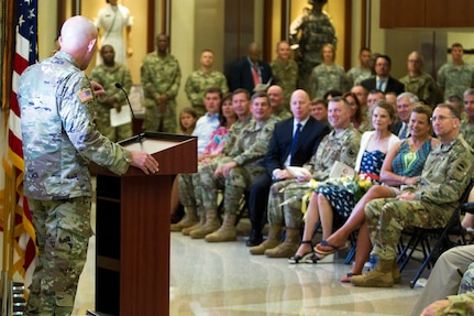 LTG Charles D. Luckey, Commanding General of U.S. Army Reserve Command, talks to military, civilian and community leaders during a welcome ceremony on July 28, 2017 at Fort Bragg's Marshall Hall, home to both U.S. Army Forces Command and USARC headquarters staff. The ceremony was hosted by Gen. Robert B. Abrams, Commanding General of FORSCOM. LTG Luckey was joined by his wife, Julie, at the ceremony, as well as past and present Fort Bragg senior leaders to include LTG Stephen Townsend, Commanding General of the XVIII Airborne Corps & Ft. Bragg and Gen. (Retired) Dan McNeill. LTG Luckey, the 33rd Chief of Army Reserve and 8th Commanding General, U.S. Army Reserve Command, was sworn in June 30, 2016 as the senior leader for nearly 200,000 Army Reserve Soldiers across all 50 states and U.S. territories. (U.S. Army Reserve photo by Master Sgt. Mark Bell / Released)