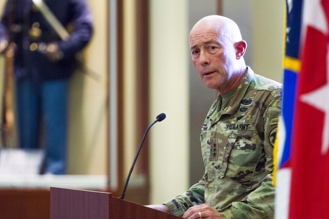 LTG Charles D. Luckey, Commanding General of U.S. Army Reserve Command, talks to military, civilian and community leaders during a welcome ceremony on July 28, 2017 at Fort Bragg's Marshall Hall, home to both U.S. Army Forces Command and USARC headquarters staff. The ceremony was hosted by Gen. Robert B. Abrams, Commanding General of FORSCOM. LTG Luckey was joined by his wife, Julie, at the ceremony, as well as past and present Fort Bragg senior leaders to include LTG Stephen Townsend, Commanding General of the XVIII Airborne Corps & Ft. Bragg and Gen. (Retired) Dan McNeill. LTG Luckey, the 33rd Chief of Army Reserve and 8th Commanding General, U.S. Army Reserve Command, was sworn in June 30, 2016 as the senior leader for nearly 200,000 Army Reserve Soldiers across all 50 states and U.S. territories. (U.S. Army Reserve photo by Master Sgt. Mark Bell / Released)