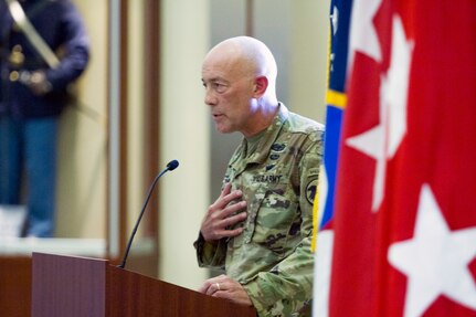 LTG Charles D. Luckey, Commanding General of U.S. Army Reserve Command, talks to military, civilian and community leaders during a welcome ceremony on July 28, 2017 at Fort Bragg's Marshall Hall, home to both U.S. Army Forces Command and USARC headquarters staff. The ceremony was hosted by Gen. Robert B. Abrams, Commanding General of FORSCOM. LTG Luckey was joined by his wife, Julie, at the ceremony, as well as past and present Fort Bragg senior leaders to include LTG Stephen Townsend, Commanding General of the XVIII Airborne Corps & Ft. Bragg and Gen. (Retired) Dan McNeill. LTG Luckey, the 33rd Chief of Army Reserve and 8th Commanding General, U.S. Army Reserve Command, was sworn in June 30, 2016 as the senior leader for nearly 200,000 Army Reserve Soldiers across all 50 states and U.S. territories. (U.S. Army Reserve photo by Master Sgt. Mark Bell / Released)