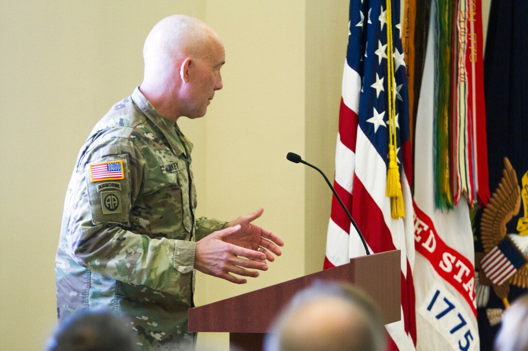 LTG Charles D. Luckey, Commanding General of U.S. Army Reserve Command, talks to military, civilian and community leaders during a welcome ceremony on July 28, 2017 at Fort Bragg's Marshall Hall, home to both U.S. Army Forces Command and USARC headquarters staff. The ceremony was hosted by Gen. Robert B. Abrams, Commanding General of FORSCOM. LTG Luckey was joined by his wife, Julie, at the ceremony, as well as past and present Fort Bragg senior leaders to include LTG Stephen Townsend, Commanding General of the XVIII Airborne Corps & Ft. Bragg and Gen. (Retired) Dan McNeill. LTG Luckey, the 33rd Chief of Army Reserve and 8th Commanding General, U.S. Army Reserve Command, was sworn in June 30, 2016 as the senior leader for nearly 200,000 Army Reserve Soldiers across all 50 states and U.S. territories. (U.S. Army Reserve photo by Master Sgt. Mark Bell / Released)