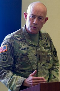 LTG Charles D. Luckey, Commanding General of U.S. Army Reserve Command, talks to military, civilian and community leaders during a welcome ceremony on July 28, 2017 at Fort Bragg's Marshall Hall, home to both U.S. Army Forces Command and USARC headquarters staff. The ceremony was hosted by Gen. Robert B. Abrams, Commanding General of FORSCOM. LTG Luckey was joined by his wife, Julie, at the ceremony, as well as past and present Fort Bragg senior leaders to include LTG Stephen Townsend, Commanding General of the XVIII Airborne Corps & Ft. Bragg and Gen. (Retired) Dan McNeill. LTG Luckey, the 33rd Chief of Army Reserve and 8th Commanding General, U.S. Army Reserve Command, was sworn in June 30, 2016 as the senior leader for nearly 200,000 Army Reserve Soldiers across all 50 states and U.S. territories. (U.S. Army Reserve photo by Master Sgt. Mark Bell / Released)