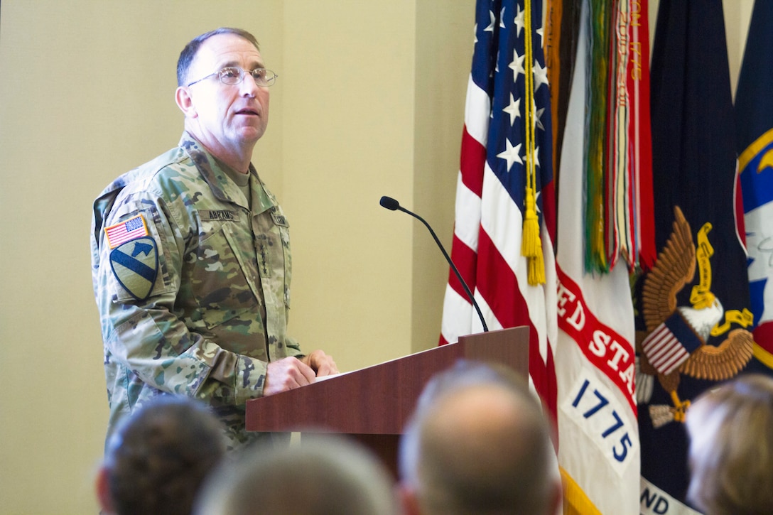 Gen. Robert B. Abrams, Commanding General of U.S. Army Forces Command, talks to military, civilian and community leaders during a welcome ceremony for LTG Charles D. Luckey, Commanding General of U.S. Army Reserve Command, on July 28, 2017 at Fort Bragg's Marshall Hall, home to both FORSCOM and USARC headquarters staff. LTG Luckey was joined by his wife, Julie, at the ceremony, as well as past and present Fort Bragg senior leaders to include LTG Stephen Townsend, Commanding General of the XVIII Airborne Corps & Ft. Bragg and Gen. (Retired) Dan McNeill. LTG Luckey, the 33rd Chief of Army Reserve and 8th Commanding General, U.S. Army Reserve Command, was sworn in June 30, 2016 as the senior leader for nearly 200,000 Army Reserve Soldiers across all 50 states and U.S. territories. (U.S. Army Reserve photo by Master Sgt. Mark Bell / Released)