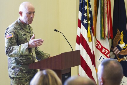 LTG Charles D. Luckey, Commanding General of U.S. Army Reserve Command, talks to military, civilian and community leaders during a welcome ceremony on July 28, 2017 at Fort Bragg's Marshall Hall, home to both U.S. Army Forces Command and USARC headquarters staff. The ceremony was hosted by Gen. Robert B. Abrams, Commanding General of FORSCOM. LTG Luckey was joined by his wife, Julie, at the ceremony, as well as past and present Fort Bragg senior leaders to include LTG Stephen Townsend, Commanding General of the XVIII Airborne Corps & Ft. Bragg and Gen. (Retired) Dan McNeill. LTG Luckey, the 33rd Chief of Army Reserve and 8th Commanding General, U.S. Army Reserve Command, was sworn in June 30, 2016 as the senior leader for nearly 200,000 Army Reserve Soldiers across all 50 states and U.S. territories. (U.S. Army Reserve photo by Master Sgt. Mark Bell / Released)