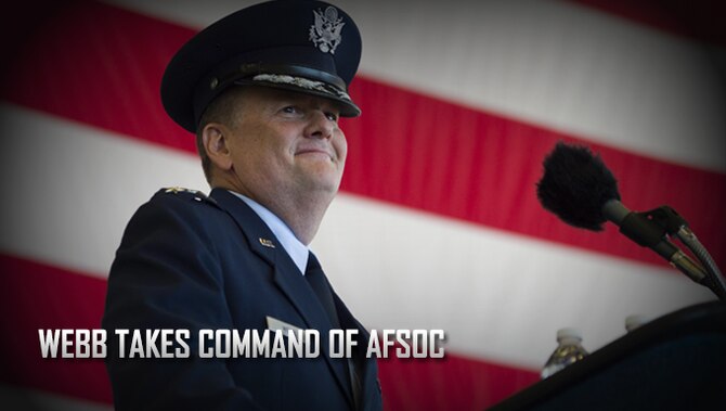 Lt. Gen. Brad Webb addresses the assembled Air Commandos and guests July 19 as the newly installed commander of Air Force Special Operations Command. Webb returns to Hurlburt Field as the 11th AFSOC commander, where he previously served as a squadron, wing and numbered air force commander. (U.S. Air Force photo by Senior Airman Krystal Garrett)

