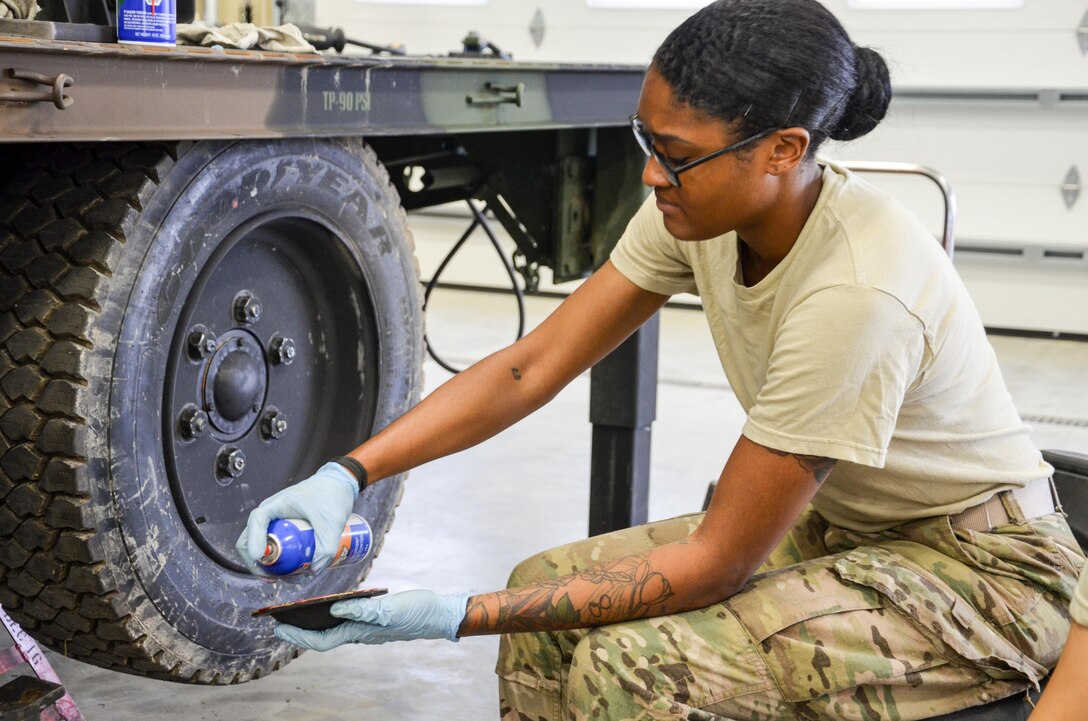 As part of her U.S. Army Reserve Annual Training participation in the 88th Regional Support Command's Operation Platinum Support mission, Spc. Ashley Nicole Burks with the 818th Support Maintenance Company out of Baltimore, Md., services the wheels on a portable generator at the 88th RSC’s Equipment Concentration Site 67 on Fort McCoy, July 28. Operation Platinum Support allows Army Reserve Soldiers in low-density supply and maintenance specialties to perform and gain proficiency in their technical skills while acting in direct support to the numerous exercises taking place on Fort McCoy.