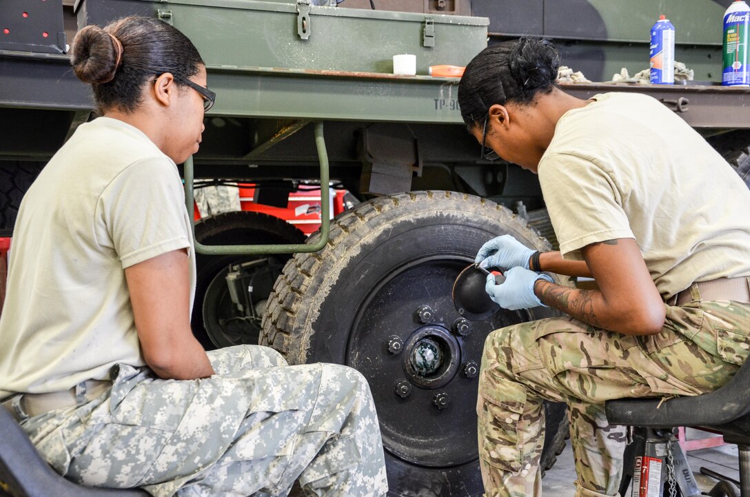 As part of their U.S. Army Reserve Annual Training participation in the 88th Regional Support Command's Operation Platinum Support mission, Spc. Kirsten Shavon Lee (left), Spc. Ashley Nicole Burks (right), with the 818th Support Maintenance Company out of Baltimore, Md., service the wheels on a portable generator at the 88th RSC’s Equipment Concentration Site 67 on Fort McCoy, July 28. Operation Platinum Support allows Army Reserve Soldiers in low-density supply and maintenance specialties to perform and gain proficiency in their technical skills while acting in direct support to the numerous exercises taking place on Fort McCoy.