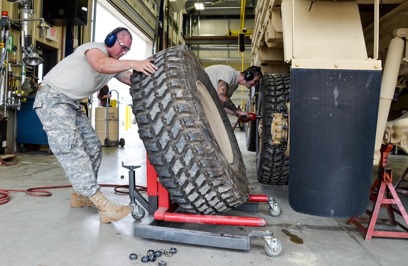 As part of his U.S. Army Reserve Annual Training participation in the 88th Regional Support Command's Operation Platinum Support mission, Sgt. Bryant Vannoy with the 298th Support Maintenance Company out of Altoona, Pa., removes the wheel of a FMTV for annual service and maintenance at the 88th RSC’s Equipment Concentration Site 67 on Fort McCoy, July 28. Operation Platinum Support allows Army Reserve Soldiers in low-density supply and maintenance specialties to perform and gain proficiency in their technical skills while acting in direct support to the numerous exercises taking place on Fort McCoy.