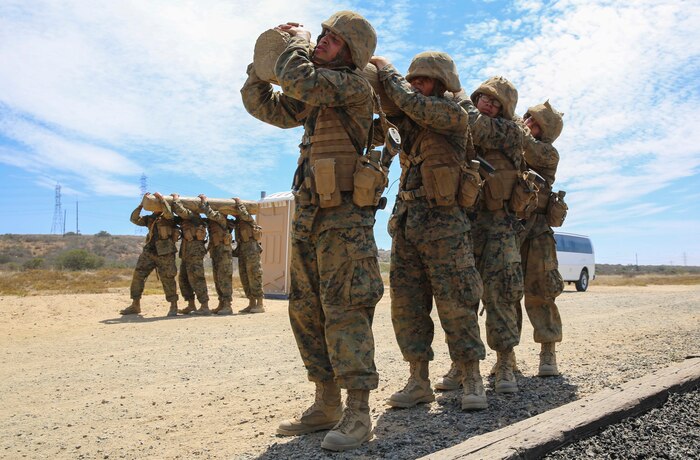 Recruits from Hotel Company, 2nd Recruit Training Battalion, conduct log drills during a Crucible event at Marine Corps Base Camp Pendleton, Calif., July 27. Recruits had to work as a team to complete each task given to them. The 	Crucible is a fifty-four-hour field training exercise that presents continuous physical and mental challenges. Annually, more than 17,000 males recruited from the Western Recruiting Region are trained at MCRD San Diego. Hotel Company is scheduled to graduate Aug. 5.