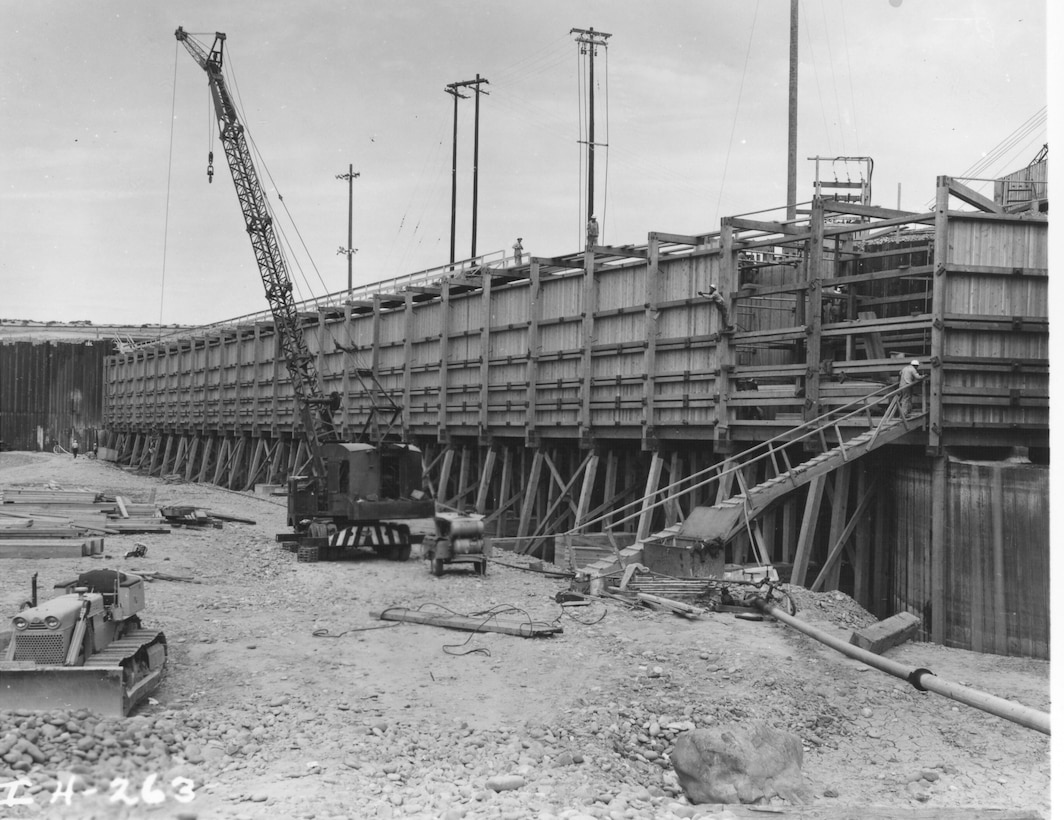 Ice Harbor Lock and Dam upstream of the Tri-Cities on the Lower Snake River celebrated its 50th anniversary of construction by the U.S. Army Corps of Engineers, June 16, 2012 at the dam. It was built from 1956 to 1962 and dedicated by Vice-President Lyndon B. Johnson on May 9, 1962. Corps of Engineers photos. (Temporary fish ladder closeup, Looking North)