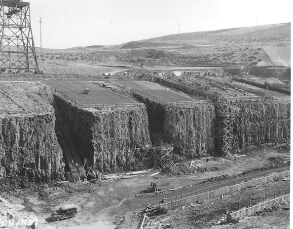 Ice Harbor Lock and Dam upstream of the Tri-Cities on the Lower Snake River celebrated its 50th anniversary of construction by the U.S. Army Corps of Engineers, June 16, 2012 at the dam. It was built from 1956 to 1962 and dedicated by Vice-President Lyndon B. Johnson on May 9, 1962. Corps of Engineers photos. (Powerhouse steel placement, looking SE)