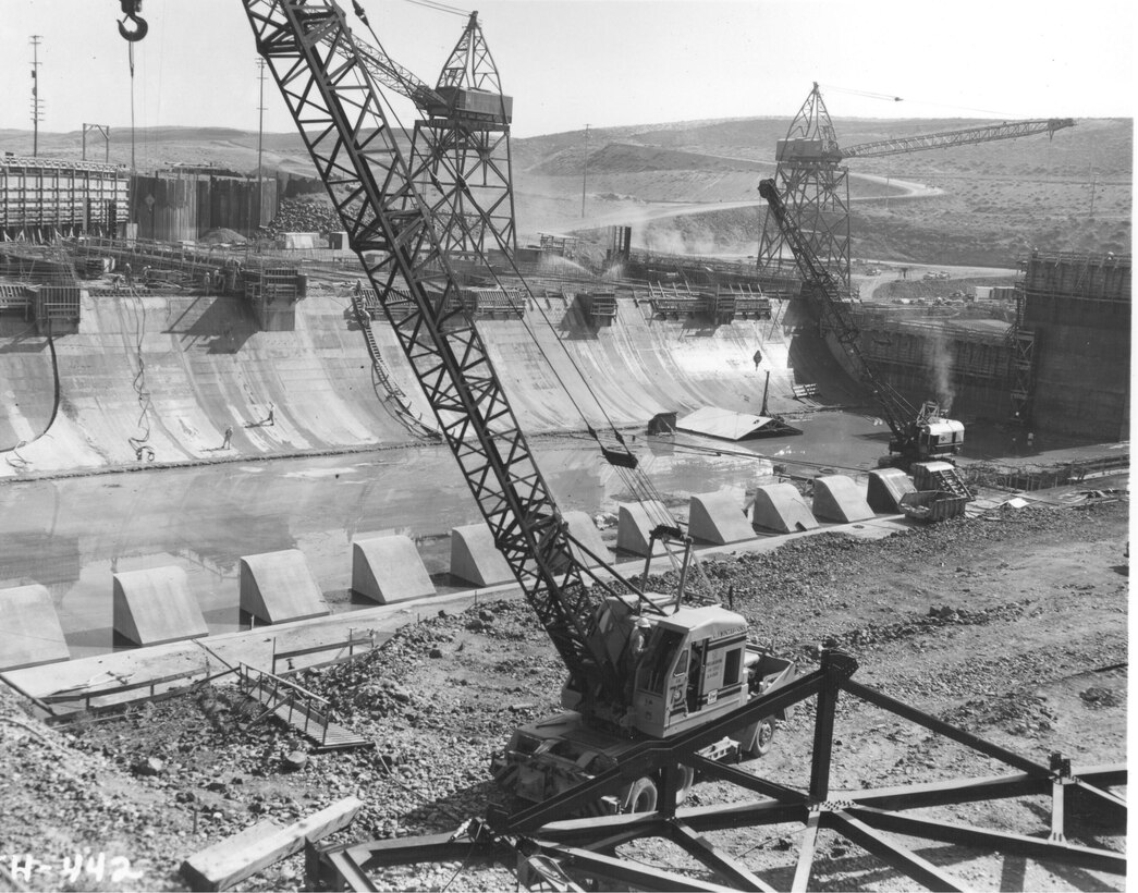 Ice Harbor Lock and Dam upstream of the Tri-Cities on the Lower Snake River celebrated its 50th anniversary of construction by the U.S. Army Corps of Engineers, June 16, 2012 at the dam. It was built from 1956 to 1962 and dedicated by Vice-President Lyndon B. Johnson on May 9, 1962. Corps of Engineers photos. (Stilling basin, looking SE)