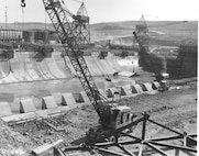 Ice Harbor Lock and Dam upstream of the Tri-Cities on the Lower Snake River celebrated its 50th anniversary of construction by the U.S. Army Corps of Engineers, June 16, 2012 at the dam. It was built from 1956 to 1962 and dedicated by Vice-President Lyndon B. Johnson on May 9, 1962. Corps of Engineers photos. (Stilling basin, looking SE)