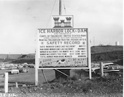 Ice Harbor Lock and Dam upstream of the Tri-Cities on the Lower Snake River celebrated its 50th anniversary of construction by the U.S. Army Corps of Engineers, June 16, 2012 at the dam. It was built from 1956 to 1962 and dedicated by Vice-President Lyndon B. Johnson on May 9, 1962. Corps of Engineers photos. (Safety record sign, looking NE)