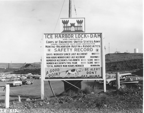Ice Harbor Lock and Dam upstream of the Tri-Cities on the Lower Snake River celebrated its 50th anniversary of construction by the U.S. Army Corps of Engineers, June 16, 2012 at the dam. It was built from 1956 to 1962 and dedicated by Vice-President Lyndon B. Johnson on May 9, 1962. Corps of Engineers photos. (Safety record sign, looking NE)