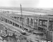 Ice Harbor Lock and Dam upstream of the Tri-Cities on the Lower Snake River celebrated its 50th anniversary of construction by the U.S. Army Corps of Engineers, June 16, 2012 at the dam. It was built from 1956 to 1962 and dedicated by Vice-President Lyndon B. Johnson on May 9, 1962. Corps of Engineers photos. (South shore fish ladder, looking NW)